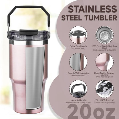 20oz Tumbler with Handle and Flip Straw Lid Double Wall Insulated Travel Coffee Mug Stainless Steel Vacuum Insulated Coffee Tumbler Cup for Hot and Cold Beverages Leak-proof&BPA-free (20oz,Navy blue)