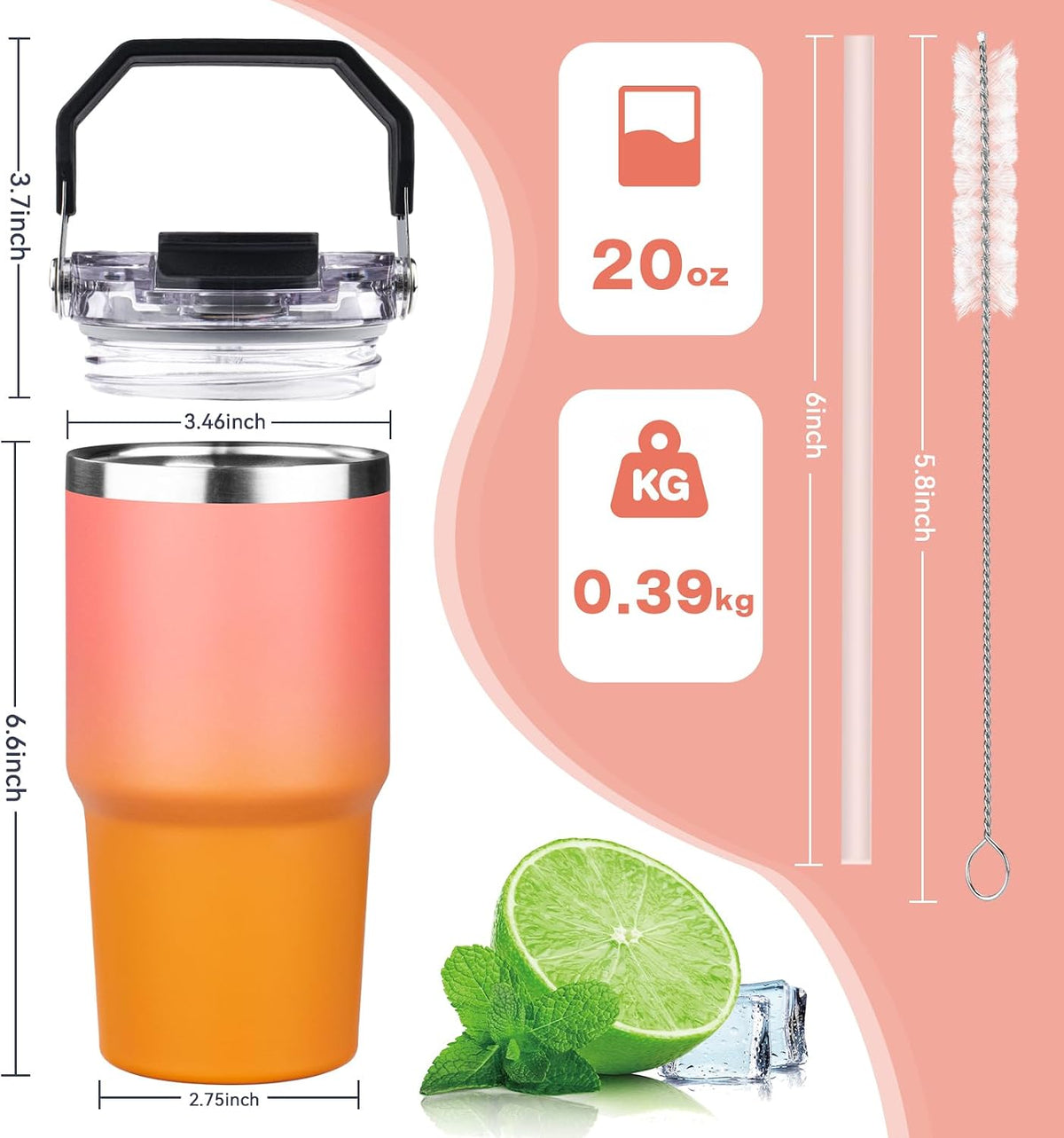 20oz Tumbler with Handle and Flip Straw Lid Double Wall Insulated Travel Coffee Mug Stainless Steel Vacuum Insulated Coffee Tumbler Cup for Hot and Cold Beverages Leak-proof&BPA-free (20oz,Navy blue)