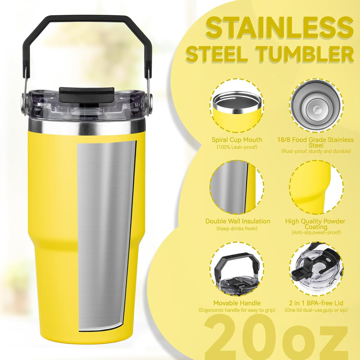 20oz Tumbler with Handle and Flip Straw Lid Double Wall Insulated Travel Coffee Mug Stainless Steel Vacuum Insulated Coffee Tumbler Cup for Hot and Cold Beverages Leak-proof&BPA-free (20oz,Navy blue)