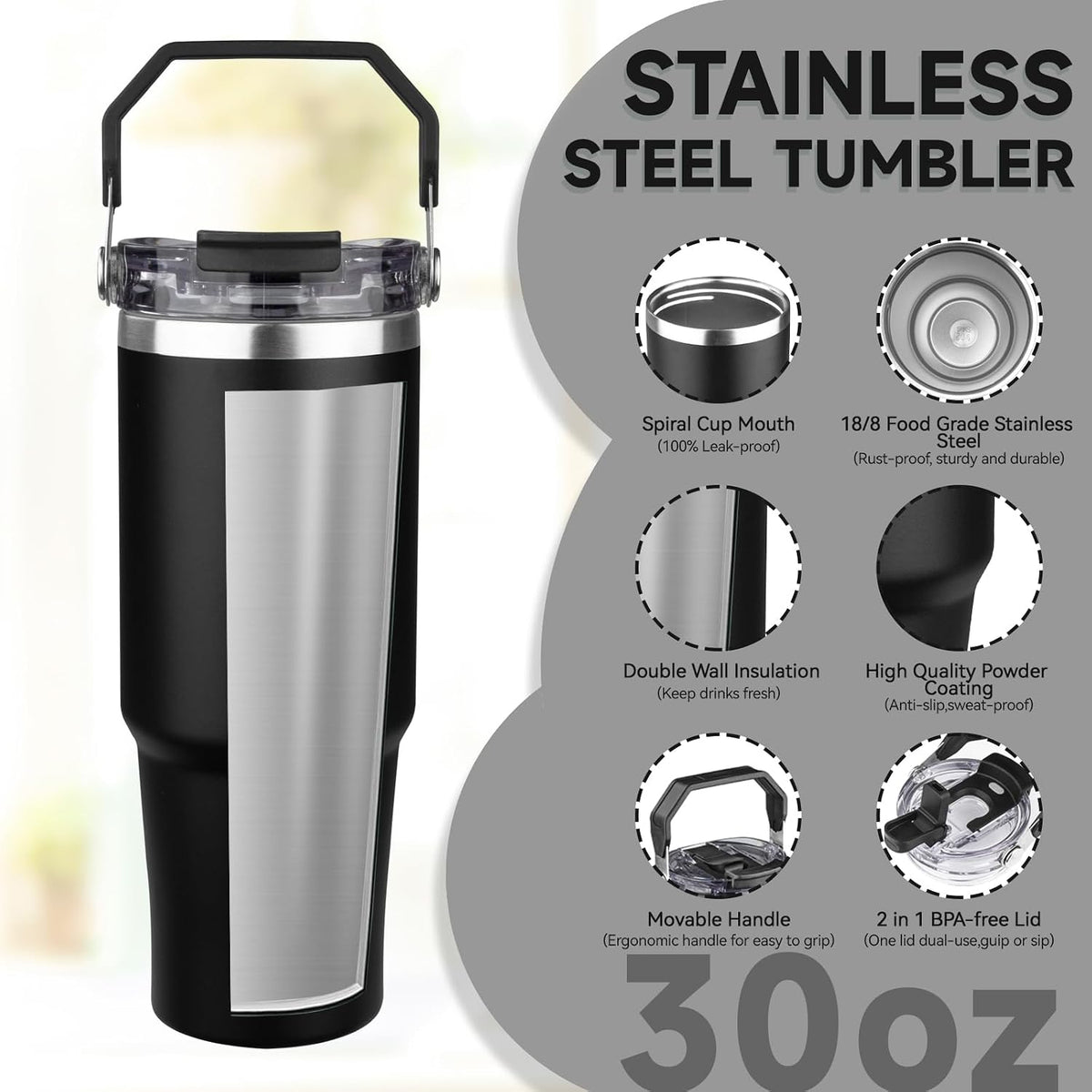 20oz Tumbler with Handle and Flip Straw Lid Double Wall Insulated Travel Coffee Mug Stainless Steel Vacuum Insulated Coffee Tumbler Cup for Hot and Cold Beverages Leak-proof&BPA-free (20oz,Navy blue)