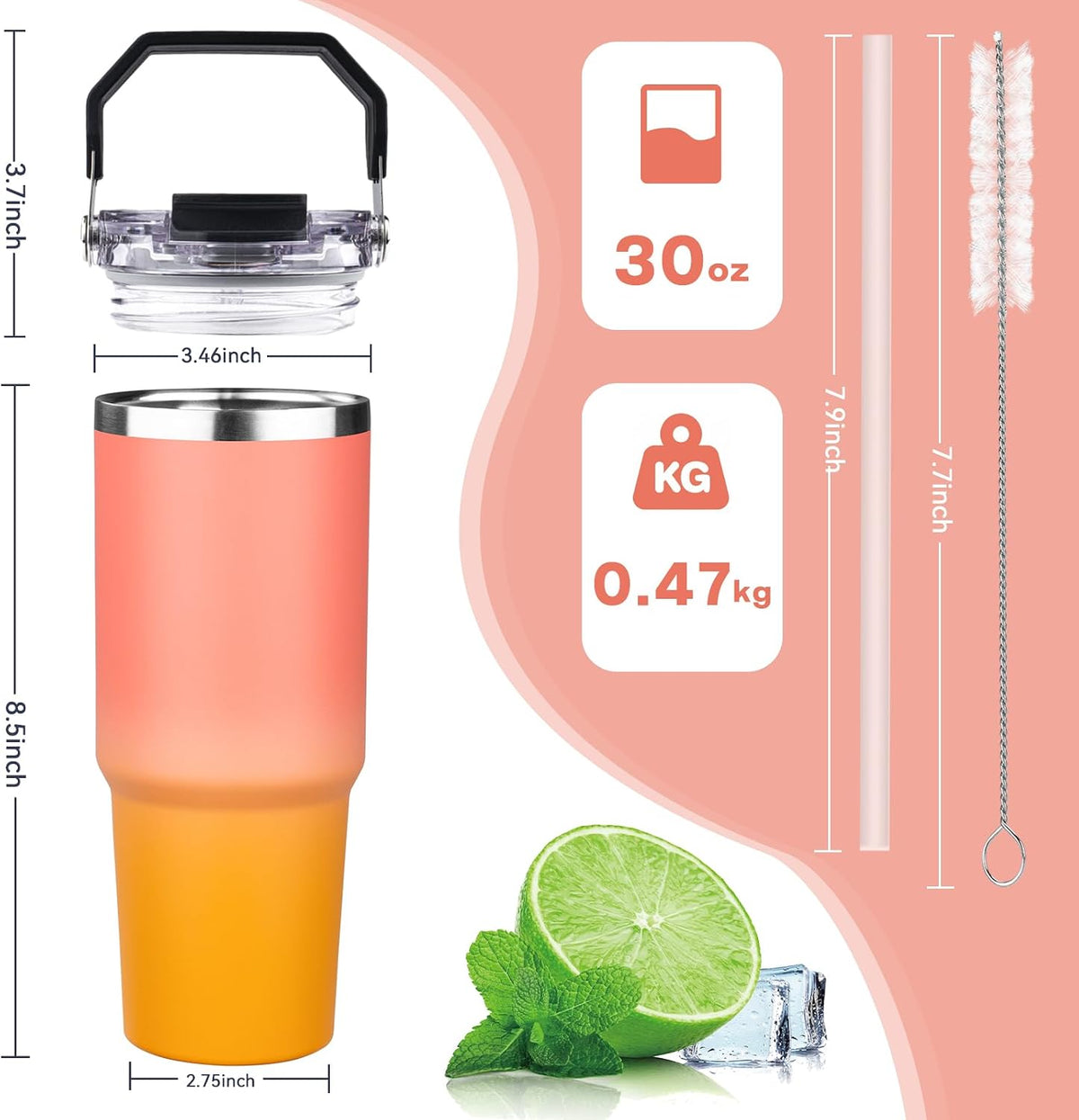 20oz Tumbler with Handle and Flip Straw Lid Double Wall Insulated Travel Coffee Mug Stainless Steel Vacuum Insulated Coffee Tumbler Cup for Hot and Cold Beverages Leak-proof&BPA-free (20oz,Navy blue)
