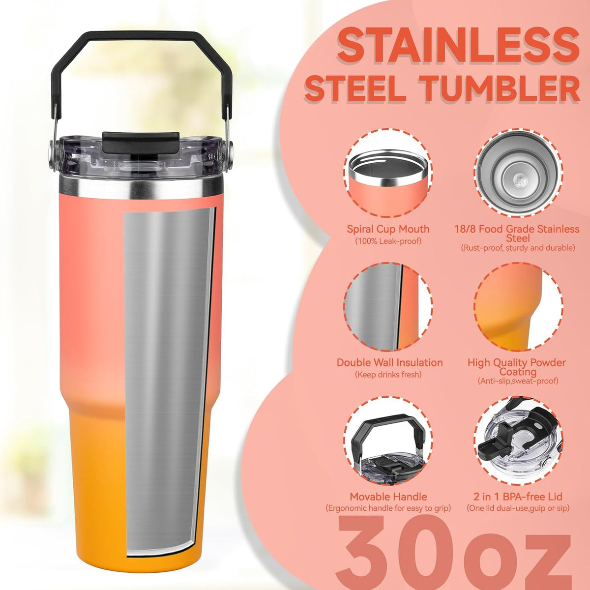 20oz Tumbler with Handle and Flip Straw Lid Double Wall Insulated Travel Coffee Mug Stainless Steel Vacuum Insulated Coffee Tumbler Cup for Hot and Cold Beverages Leak-proof&BPA-free (20oz,Navy blue)