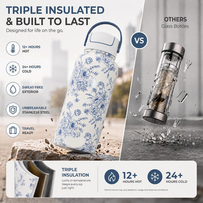 32 oz Ceramic Lined Tea Infuser Travel Tumbler, Micro-Mesh Stainless Steel Infuser, Pure Taste Ceramic Interior, Triple Insulated 12hr Hot Cold, Dual Sip & Straw Lid, Scratch-Resistant