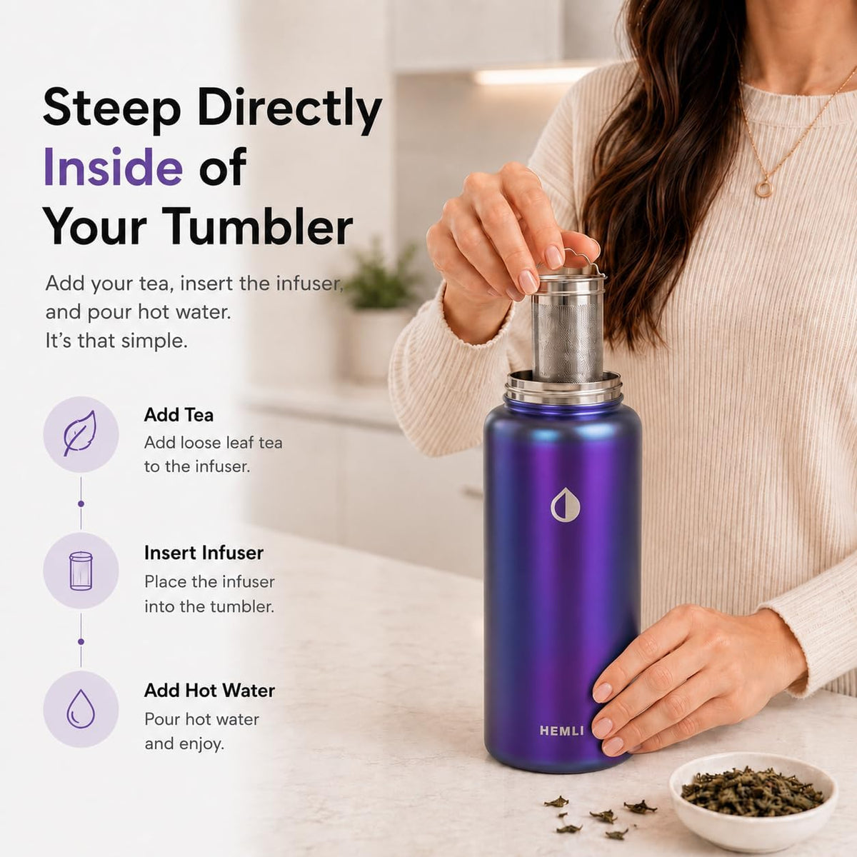 32 oz Ceramic Lined Tea Infuser Travel Tumbler, Micro-Mesh Stainless Steel Infuser, Pure Taste Ceramic Interior, Triple Insulated 12hr Hot Cold, Dual Sip & Straw Lid, Scratch-Resistant