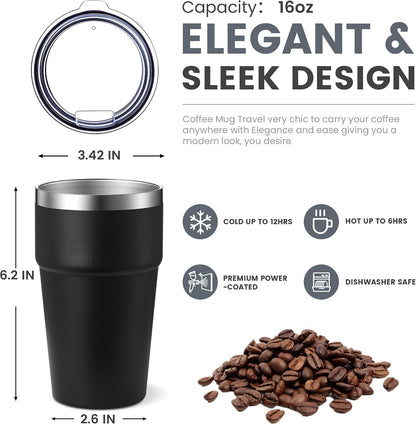 16oz Stainless Steel Tumbler Travel Coffee Mug with Lids Double Wall Insulated Coffee Cup for Home, Office, Travel Great Gift for Women (White, 1 pack)