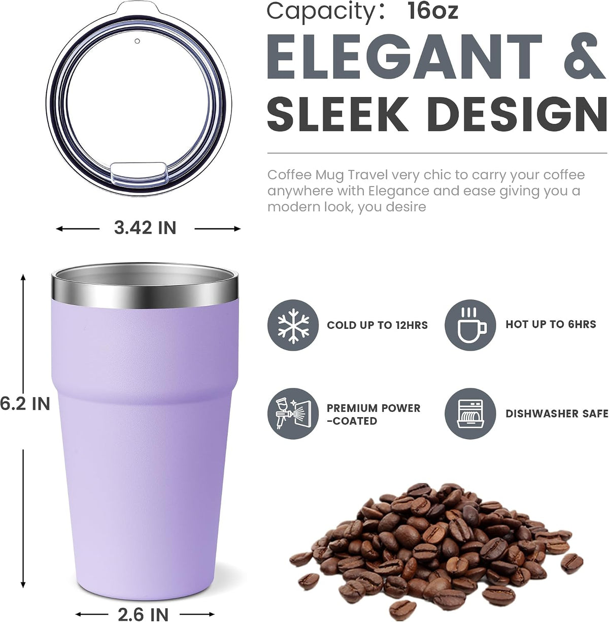 16oz Stainless Steel Tumbler Travel Coffee Mug with Lids Double Wall Insulated Coffee Cup for Home, Office, Travel Great Gift for Women (White, 1 pack)