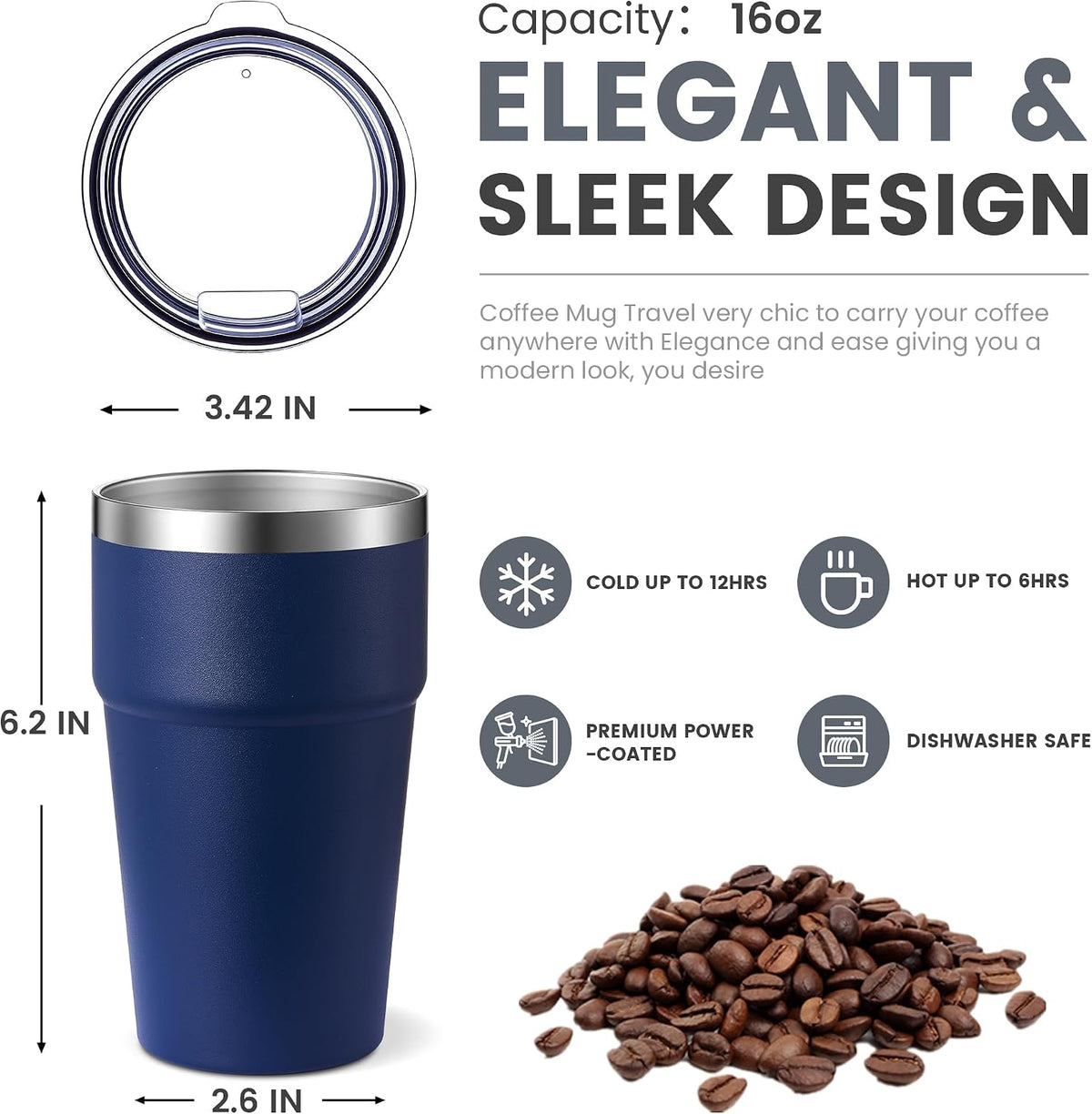 16oz Stainless Steel Tumbler Travel Coffee Mug with Lids Double Wall Insulated Coffee Cup for Home, Office, Travel Great Gift for Women (White, 1 pack)