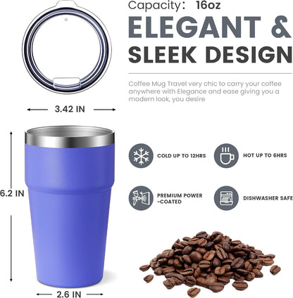 16oz Stainless Steel Tumbler Travel Coffee Mug with Lids Double Wall Insulated Coffee Cup for Home, Office, Travel Great Gift for Women (White, 1 pack)