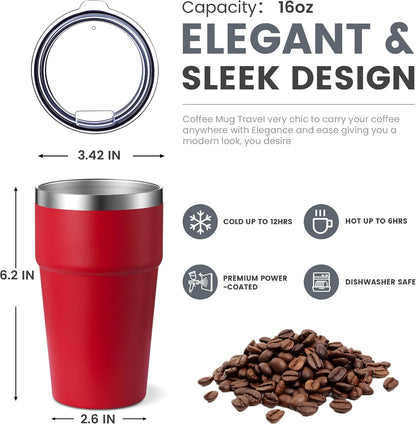 16oz Stainless Steel Tumbler Travel Coffee Mug with Lids Double Wall Insulated Coffee Cup for Home, Office, Travel Great Gift for Women (White, 1 pack)