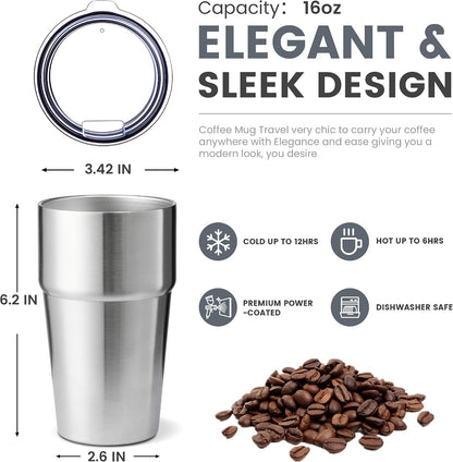 16oz Stainless Steel Tumbler Travel Coffee Mug with Lids Double Wall Insulated Coffee Cup for Home, Office, Travel Great Gift for Women (White, 1 pack)
