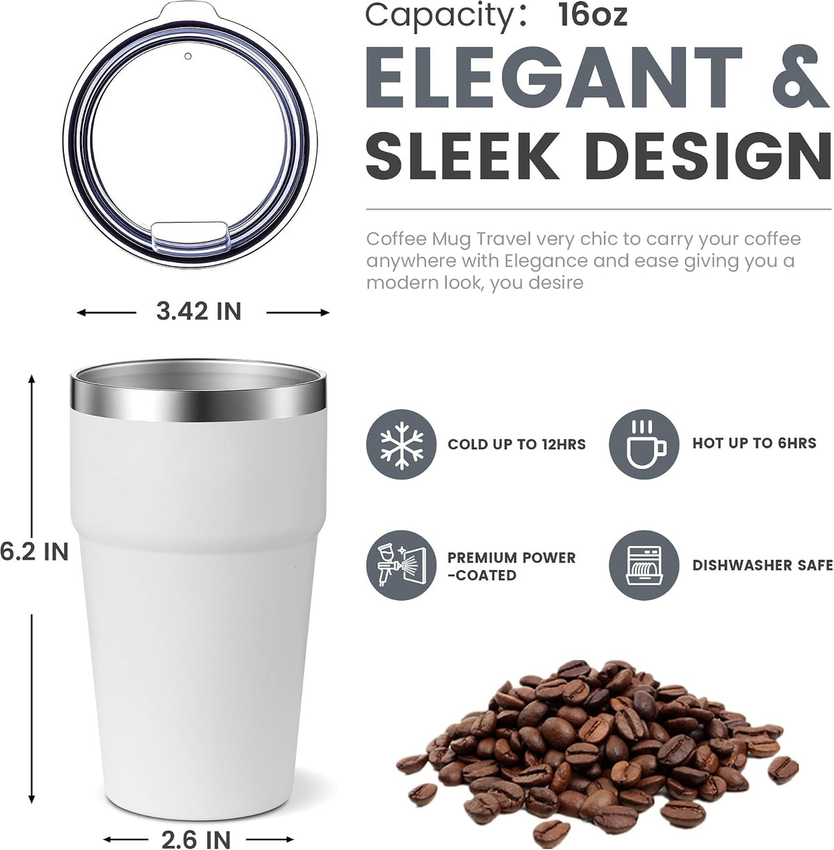 16oz Stainless Steel Tumbler Travel Coffee Mug with Lids Double Wall Insulated Coffee Cup for Home, Office, Travel Great Gift for Women (White, 1 pack)