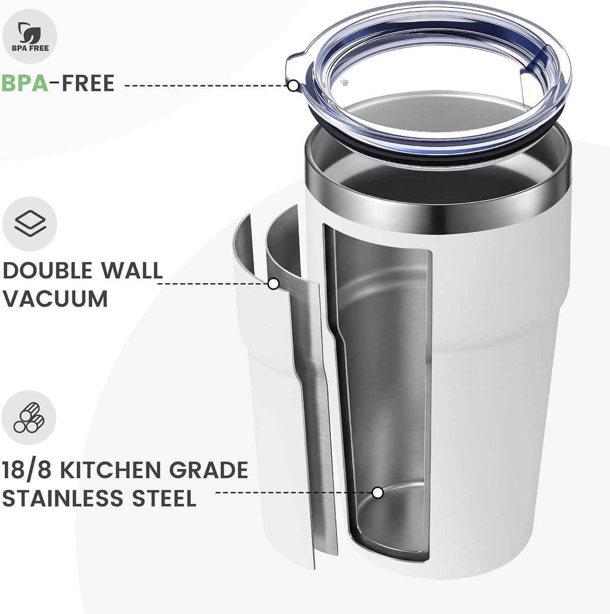 16oz Stainless Steel Tumbler Travel Coffee Mug with Lids Double Wall Insulated Coffee Cup for Home, Office, Travel Great Gift for Women (White, 1 pack)