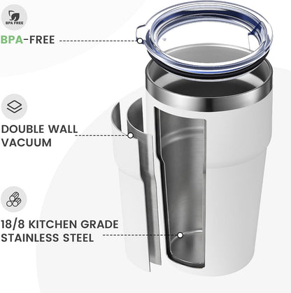 16oz Stainless Steel Tumbler Travel Coffee Mug with Lids Double Wall Insulated Coffee Cup for Home, Office, Travel Great Gift for Women (White, 1 pack)