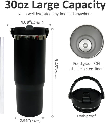 30 oz Tumbler with Top Handle, Water Bottle with Flip Straw, Black 1 pack | DIY Gift, Laser Engravable, Leak Proof, Food Grade Stainless Steel, BPA Free Lid, Double Vacuum Insulated, Powder Coated