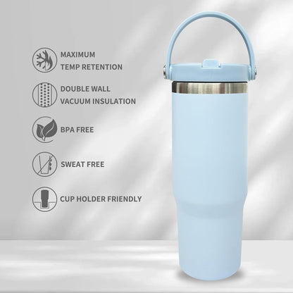 30 oz Tumbler with Top Handle, Water Bottle with Flip Straw, Black 1 pack | DIY Gift, Laser Engravable, Leak Proof, Food Grade Stainless Steel, BPA Free Lid, Double Vacuum Insulated, Powder Coated