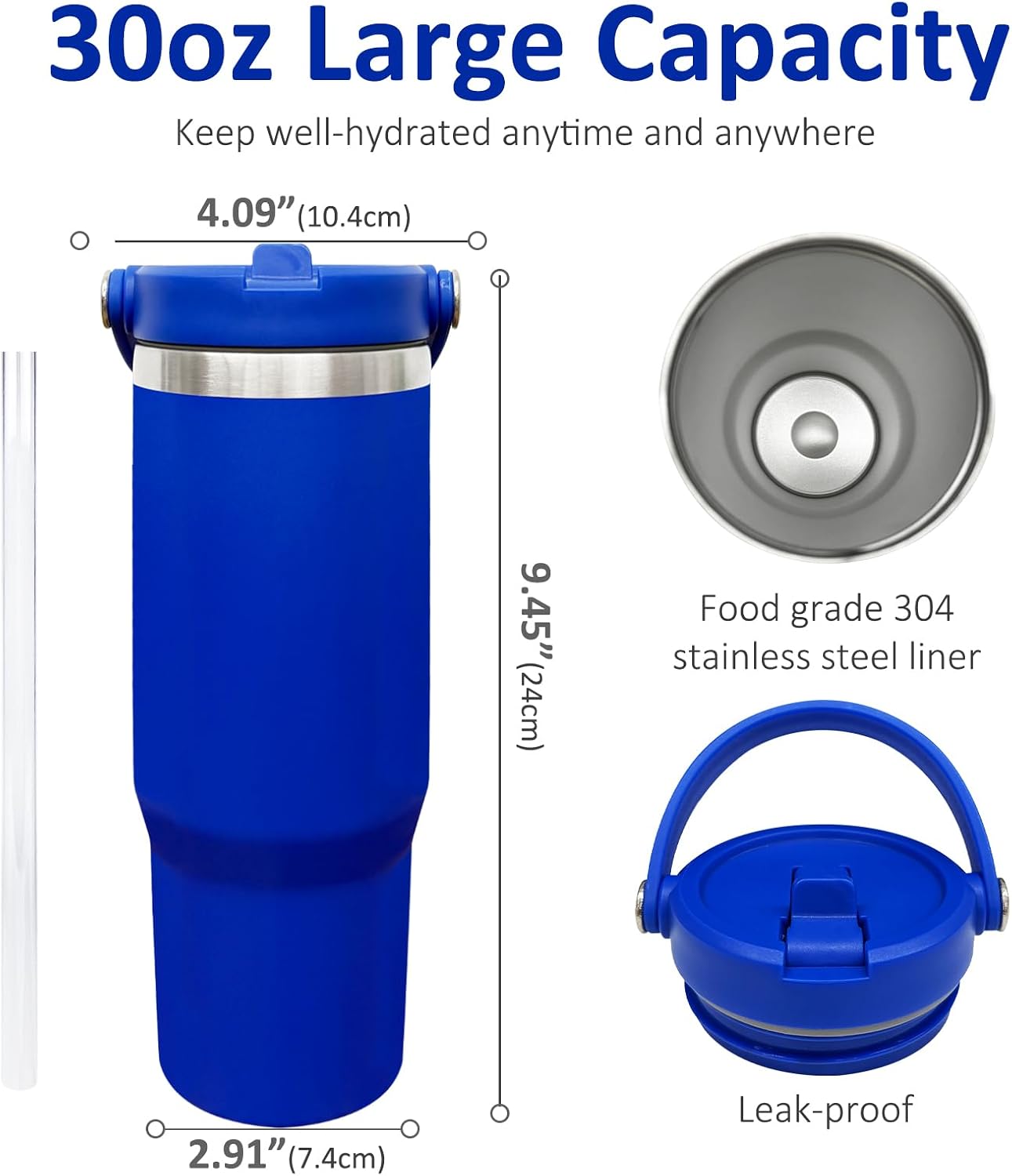 30 oz Tumbler with Top Handle, Water Bottle with Flip Straw, Black 1 pack | DIY Gift, Laser Engravable, Leak Proof, Food Grade Stainless Steel, BPA Free Lid, Double Vacuum Insulated, Powder Coated