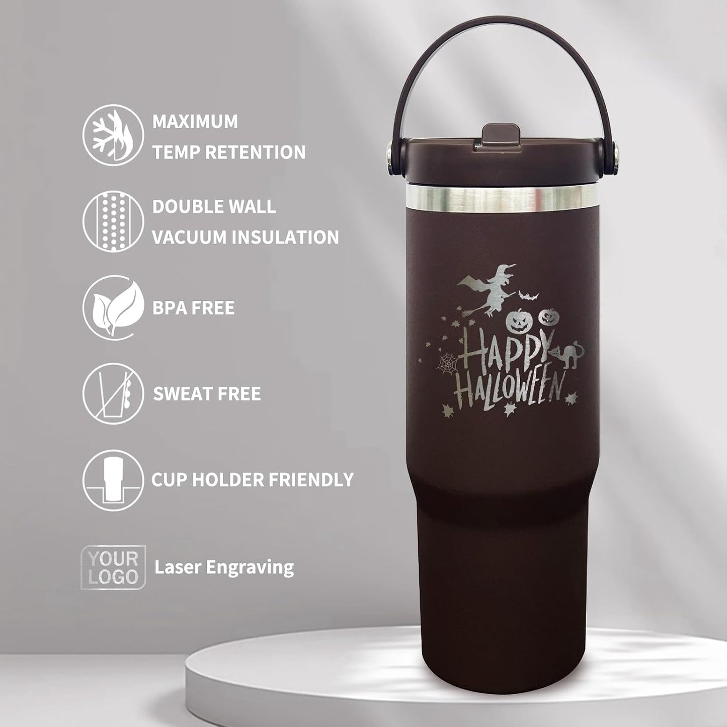30 oz Tumbler with Top Handle, Water Bottle with Flip Straw, Black 1 pack | DIY Gift, Laser Engravable, Leak Proof, Food Grade Stainless Steel, BPA Free Lid, Double Vacuum Insulated, Powder Coated
