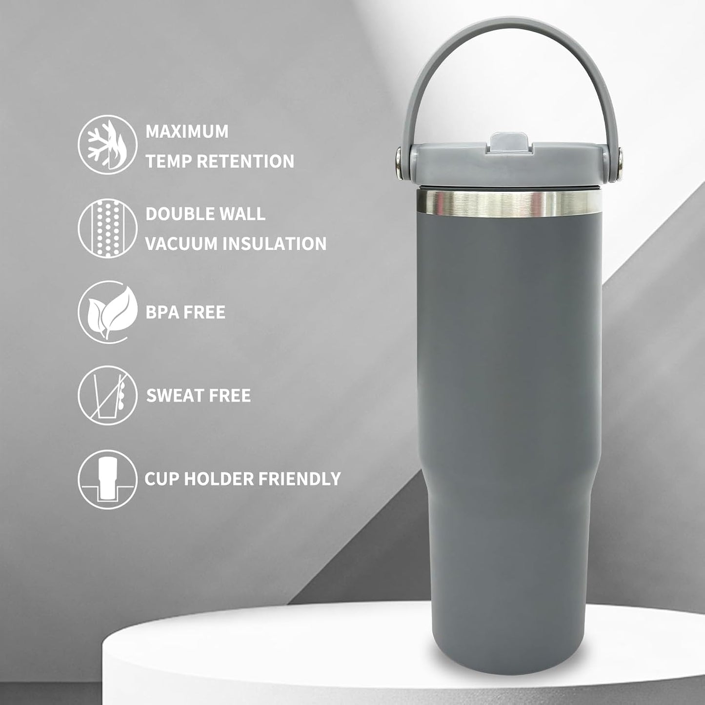 30 oz Tumbler with Top Handle, Water Bottle with Flip Straw, Black 1 pack | DIY Gift, Laser Engravable, Leak Proof, Food Grade Stainless Steel, BPA Free Lid, Double Vacuum Insulated, Powder Coated