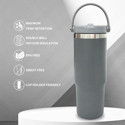 30 oz Tumbler with Top Handle, Water Bottle with Flip Straw, Black 1 pack | DIY Gift, Laser Engravable, Leak Proof, Food Grade Stainless Steel, BPA Free Lid, Double Vacuum Insulated, Powder Coated