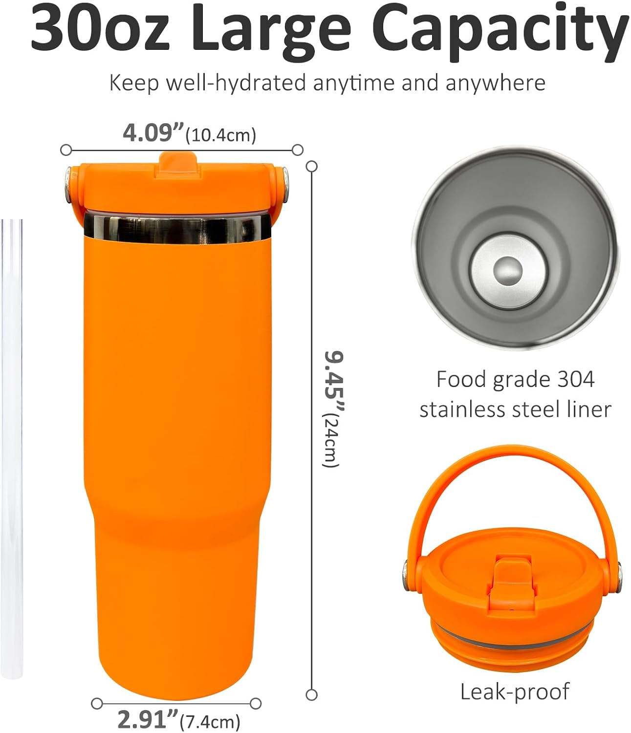 30 oz Tumbler with Top Handle, Water Bottle with Flip Straw, Black 1 pack | DIY Gift, Laser Engravable, Leak Proof, Food Grade Stainless Steel, BPA Free Lid, Double Vacuum Insulated, Powder Coated
