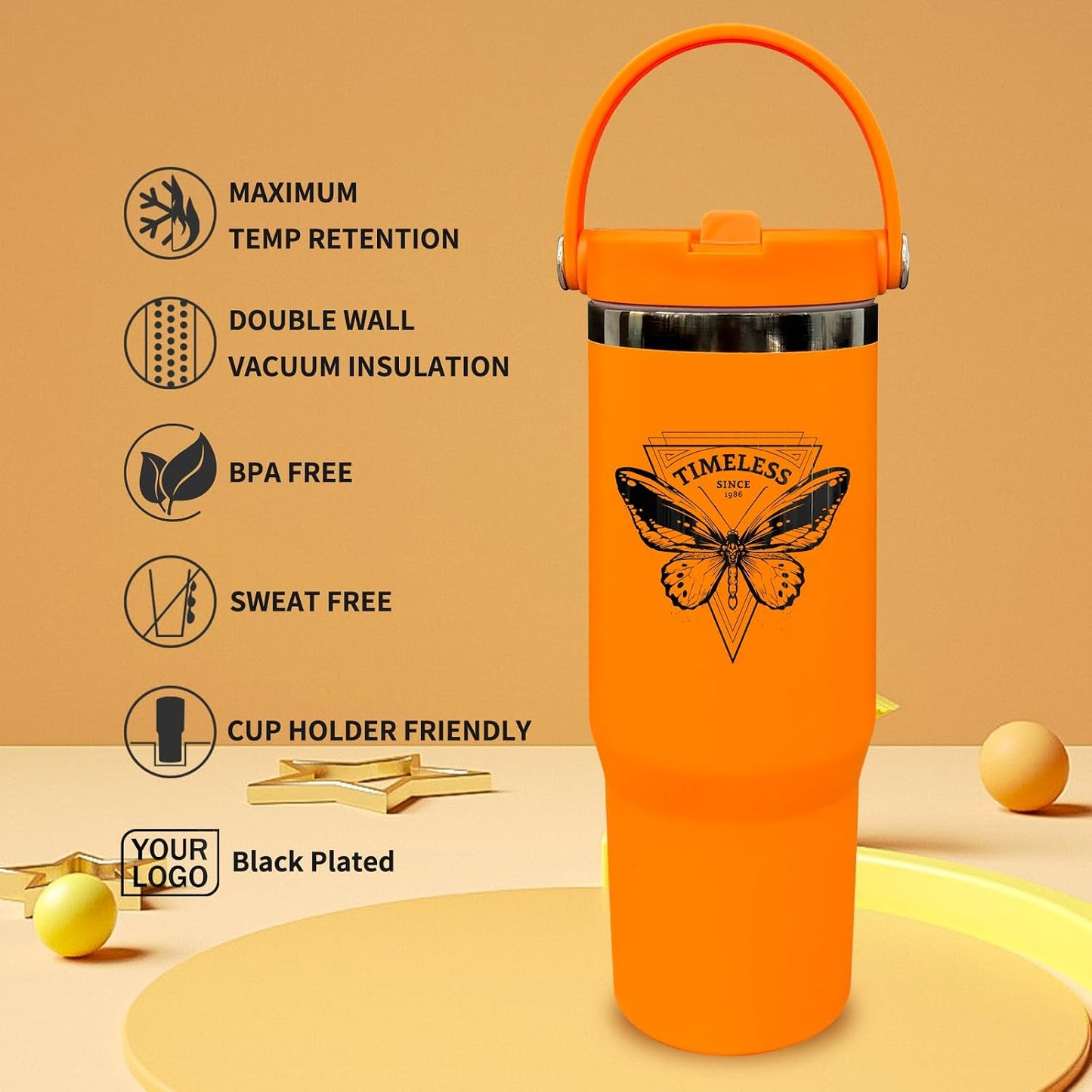 30 oz Tumbler with Top Handle, Water Bottle with Flip Straw, Black 1 pack | DIY Gift, Laser Engravable, Leak Proof, Food Grade Stainless Steel, BPA Free Lid, Double Vacuum Insulated, Powder Coated