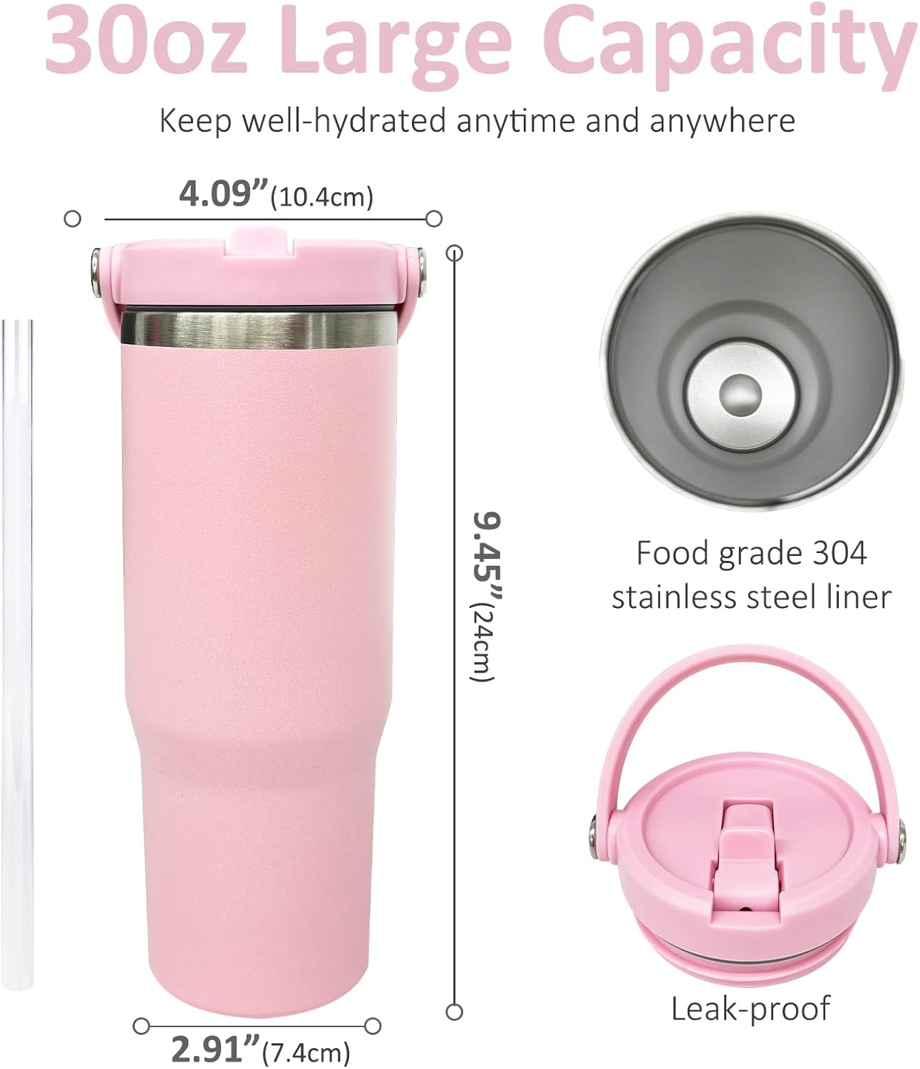 30 oz Tumbler with Top Handle, Water Bottle with Flip Straw, Black 1 pack | DIY Gift, Laser Engravable, Leak Proof, Food Grade Stainless Steel, BPA Free Lid, Double Vacuum Insulated, Powder Coated