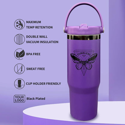 30 oz Tumbler with Top Handle, Water Bottle with Flip Straw, Black 1 pack | DIY Gift, Laser Engravable, Leak Proof, Food Grade Stainless Steel, BPA Free Lid, Double Vacuum Insulated, Powder Coated