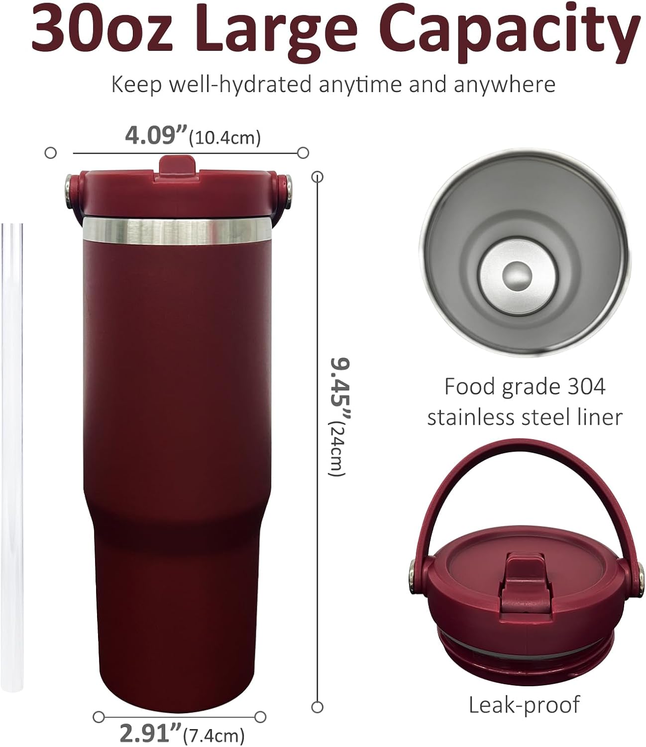 30 oz Tumbler with Top Handle, Water Bottle with Flip Straw, Black 1 pack | DIY Gift, Laser Engravable, Leak Proof, Food Grade Stainless Steel, BPA Free Lid, Double Vacuum Insulated, Powder Coated