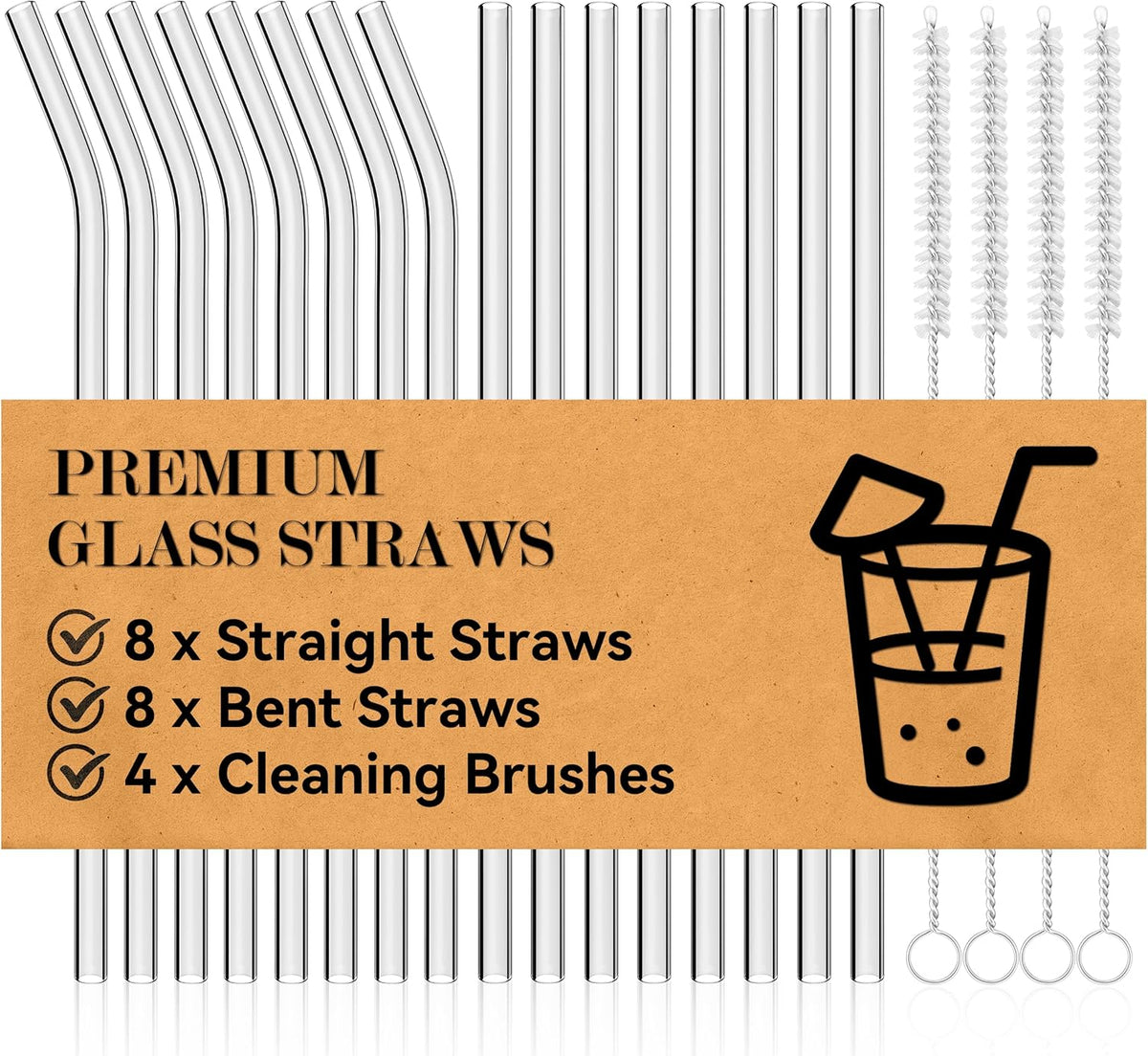 ® 20 Packs Reusable Glass Straws Set, 8.5'' x 10mm Clear Drinking Straws for Smoothies, Shakes, Coffee, Juice, Sodas, Milk, Tea, Cocktails, Set of 8 Straight and 8 Bent with 4 Cleaning Brushes