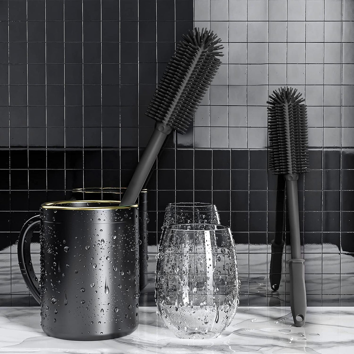 Long Silicone Bottle Cleaning Brush | 2 Pack| 16”+13”Water Bottle Brush Cleaner Brush for Hydro Flask,Glassware,Vacuum Sports Bottle&Vases,Silicone Water Bottle Cleaner Brush for Narrow Neck
