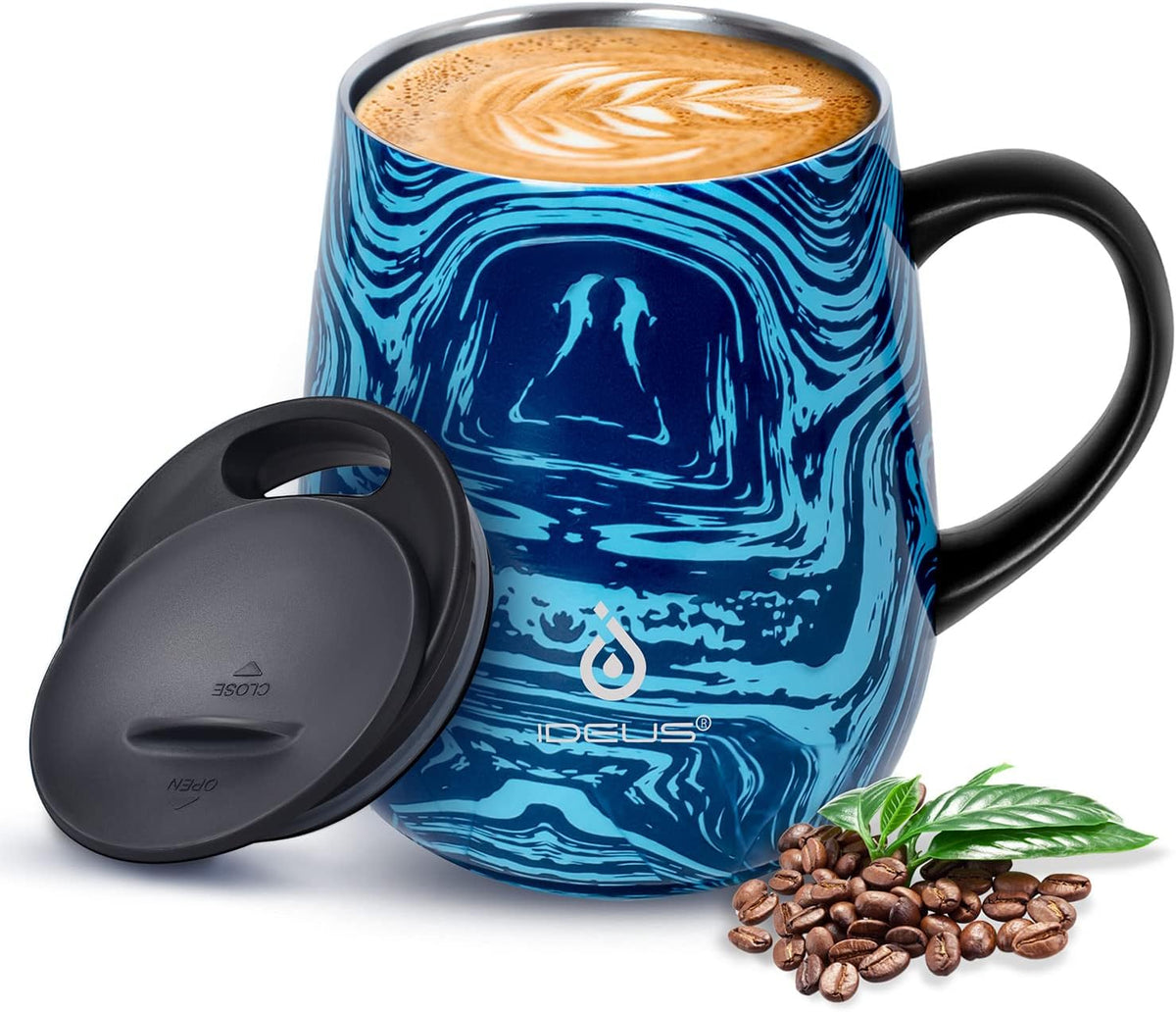 16 oz Insulated Coffee Mug with Handle and Lid, Double Wall Stainless Steel Vacuum Thermal Coffee Mug, Travel Coffee Cup Thermal Cup for Home and Office (Storm Black, FUJI DAWN) - Colors B
