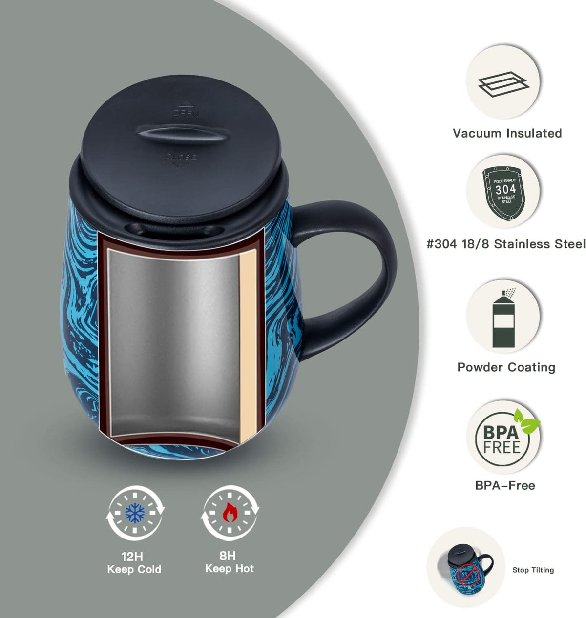16 oz Insulated Coffee Mug with Handle and Lid, Double Wall Stainless Steel Vacuum Thermal Coffee Mug, Travel Coffee Cup Thermal Cup for Home and Office (Storm Black, FUJI DAWN) - Colors B