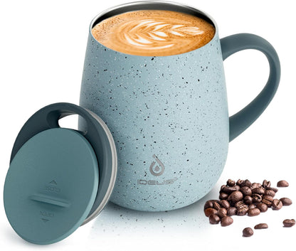 16 oz Insulated Coffee Mug with Handle and Lid, Double Wall Stainless Steel Vacuum Thermal Coffee Mug, Travel Coffee Cup Thermal Cup for Home and Office (Storm Black, FUJI DAWN) - Colors B