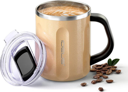 16 oz Insulated Coffee Mug with Handle and Lid, Double Wall Stainless Steel Vacuum Thermal Coffee Mug, Travel Coffee Cup Thermal Cup for Home and Office (Storm Black, FUJI DAWN) - Colors B