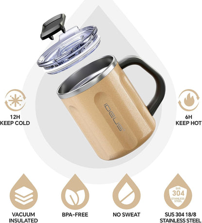16 oz Insulated Coffee Mug with Handle and Lid, Double Wall Stainless Steel Vacuum Thermal Coffee Mug, Travel Coffee Cup Thermal Cup for Home and Office (Storm Black, FUJI DAWN) - Colors B