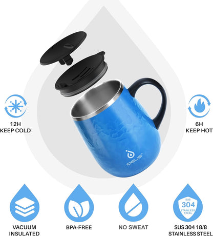 16 oz Insulated Coffee Mug with Handle and Lid, Double Wall Stainless Steel Vacuum Thermal Coffee Mug, Travel Coffee Cup Thermal Cup for Home and Office (Storm Black, FUJI DAWN) - Colors B