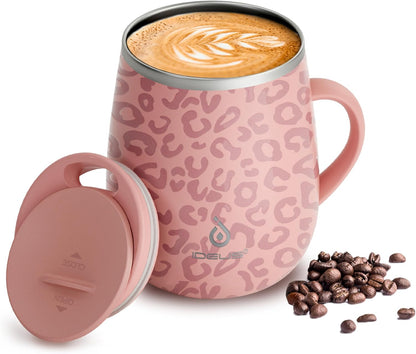 16 oz Insulated Coffee Mug with Handle and Lid, Double Wall Stainless Steel Vacuum Thermal Coffee Mug, Travel Coffee Cup Thermal Cup for Home and Office (Storm Black, FUJI DAWN) - Colors B