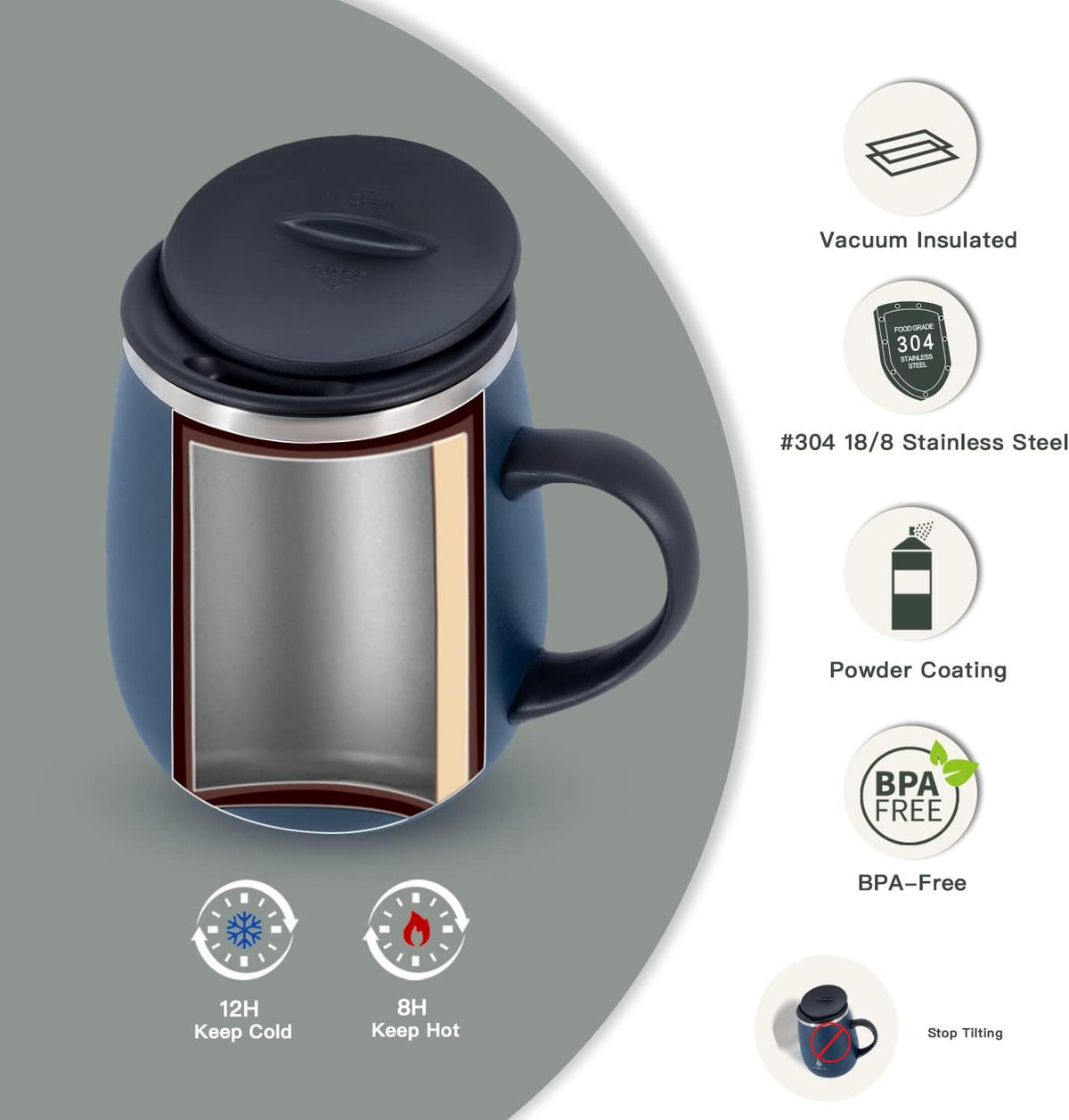 16 oz Insulated Coffee Mug with Handle and Lid, Double Wall Stainless Steel Vacuum Thermal Coffee Mug, Travel Coffee Cup Thermal Cup for Home and Office (Storm Black, FUJI DAWN) - Colors B