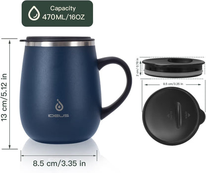 16 oz Insulated Coffee Mug with Handle and Lid, Double Wall Stainless Steel Vacuum Thermal Coffee Mug, Travel Coffee Cup Thermal Cup for Home and Office (Storm Black, FUJI DAWN) - Colors B