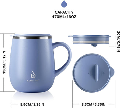 16 oz Insulated Coffee Mug with Handle and Lid, Double Wall Stainless Steel Vacuum Thermal Coffee Mug, Travel Coffee Cup Thermal Cup for Home and Office (Storm Black, FUJI DAWN) - Colors B