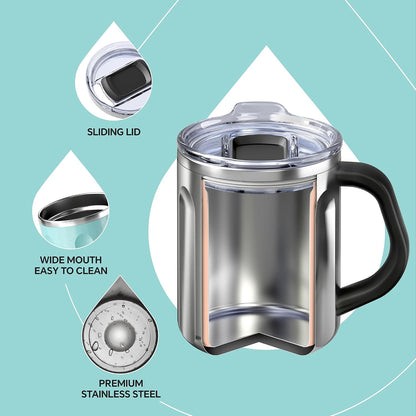 16 oz Insulated Coffee Mug with Handle and Lid, Double Wall Stainless Steel Vacuum Thermal Coffee Mug, Travel Coffee Cup Thermal Cup for Home and Office (Storm Black, FUJI DAWN) - Colors B