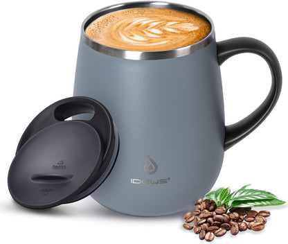 16 oz Insulated Coffee Mug with Handle and Lid, Double Wall Stainless Steel Vacuum Thermal Coffee Mug, Travel Coffee Cup Thermal Cup for Home and Office (Storm Black, FUJI DAWN) - Colors B