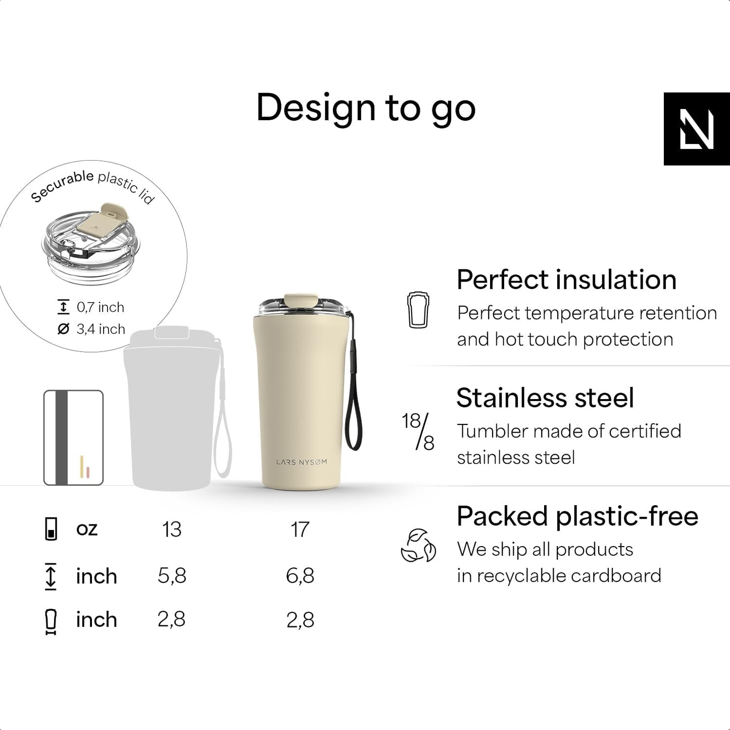 LARS NYSØM Thermo Coffee Mug to go with Strap 17oz | Travel Mug 0.5 Liter with Insulation | Leak Proof Stainless Steel Thermal Tumbler for Coffee and Tea to Go (Aqua Turquoise, 17 oz)