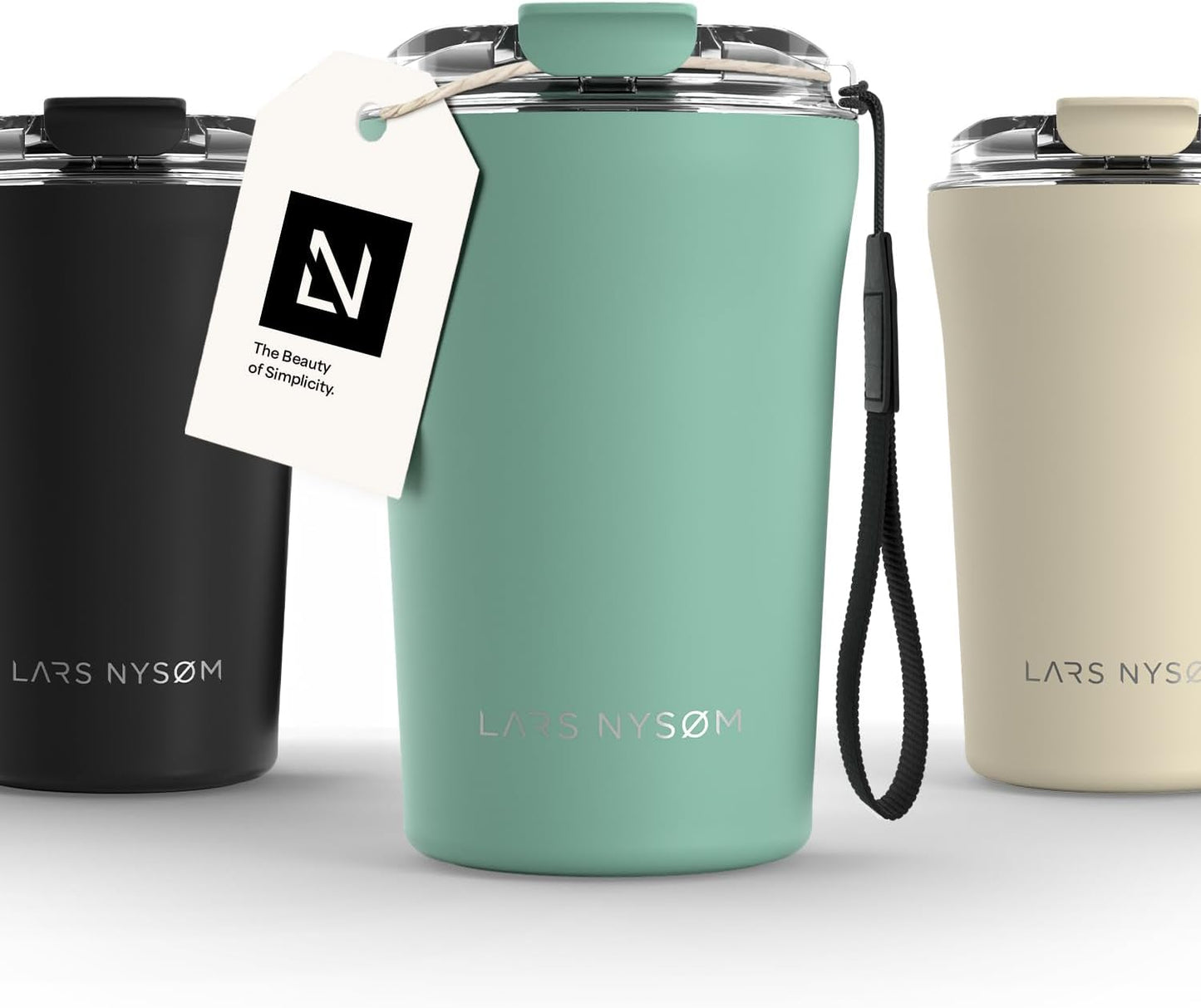 LARS NYSØM Thermo Coffee Mug to go with Strap 17oz | Travel Mug 0.5 Liter with Insulation | Leak Proof Stainless Steel Thermal Tumbler for Coffee and Tea to Go (Aqua Turquoise, 17 oz)