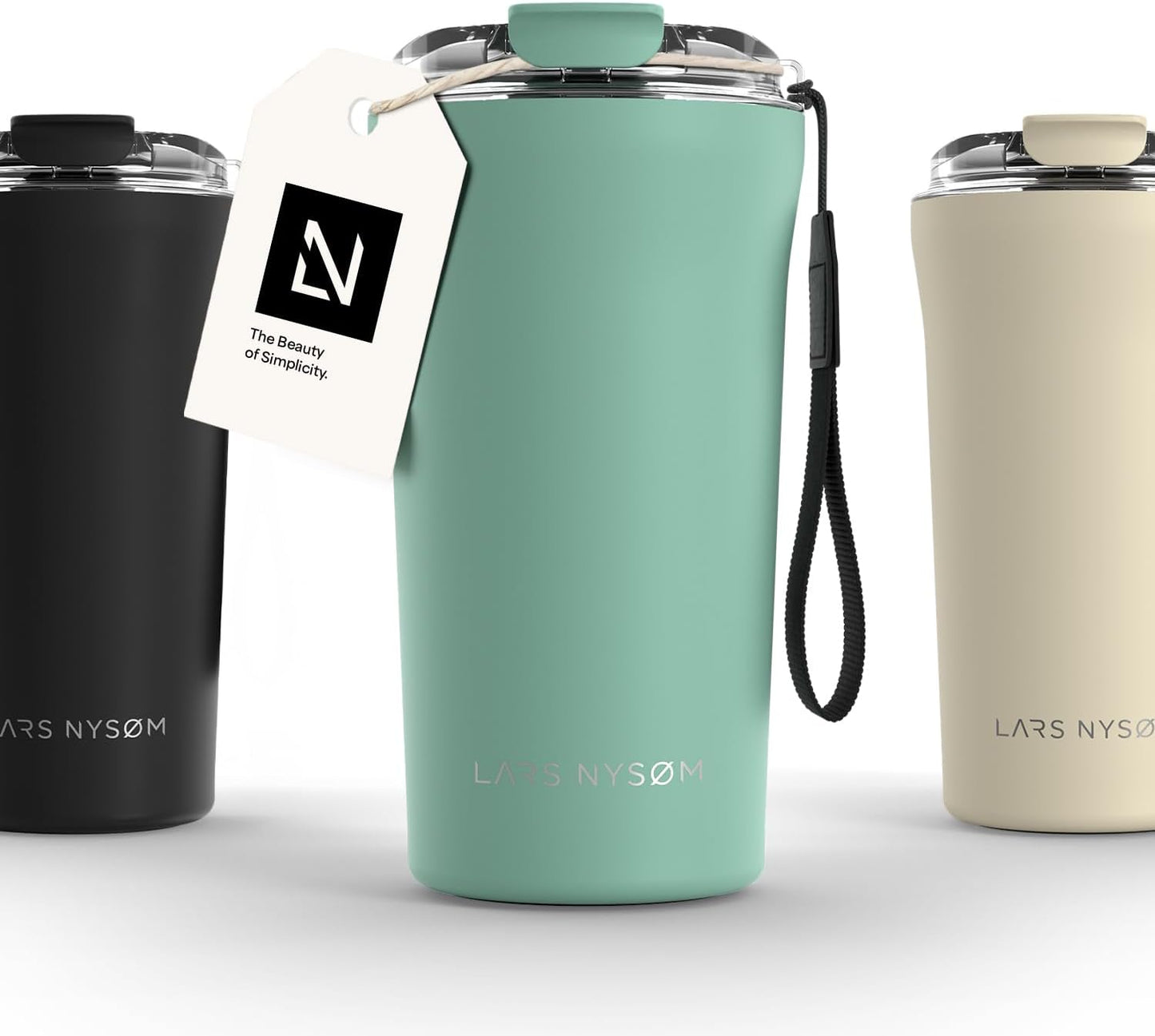 LARS NYSØM Thermo Coffee Mug to go with Strap 17oz | Travel Mug 0.5 Liter with Insulation | Leak Proof Stainless Steel Thermal Tumbler for Coffee and Tea to Go (Aqua Turquoise, 17 oz)