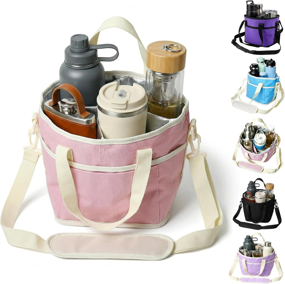 Family Size 4 Compartment Drink Bag, Drink Carrier Bag, Tumbler Drink Bag Carrier with Adjustable Strap with Front Pocket for Sports, Travel, Work, Beach, Picnics and No-Spill for Car (Pink)