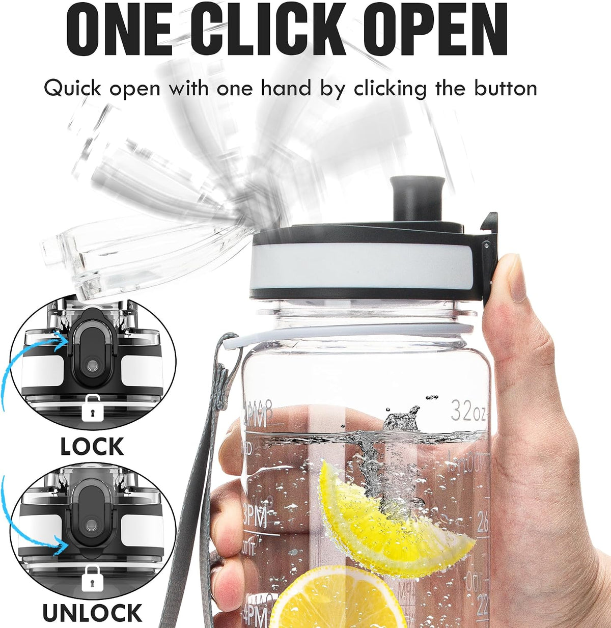Water Bottle, 32oz Motivational Sports Water Bottle with Time Marker - Times to Drink - Tritan, BPA Free, Wide Mouth Leakproof, Clear (1 Bottle)