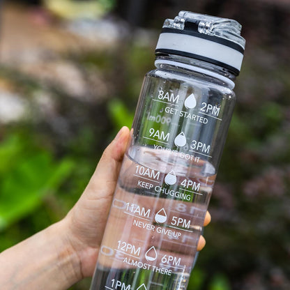 Water Bottle, 32oz Motivational Sports Water Bottle with Time Marker - Times to Drink - Tritan, BPA Free, Wide Mouth Leakproof, Clear (1 Bottle)