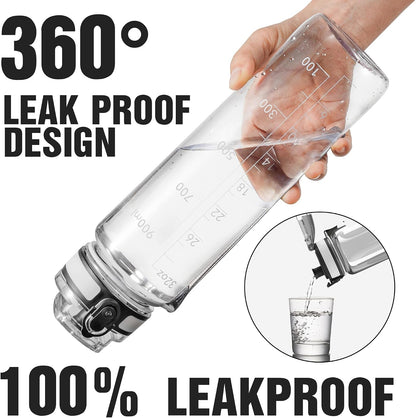 Water Bottle, 32oz Motivational Sports Water Bottle with Time Marker - Times to Drink - Tritan, BPA Free, Wide Mouth Leakproof, Clear (1 Bottle)