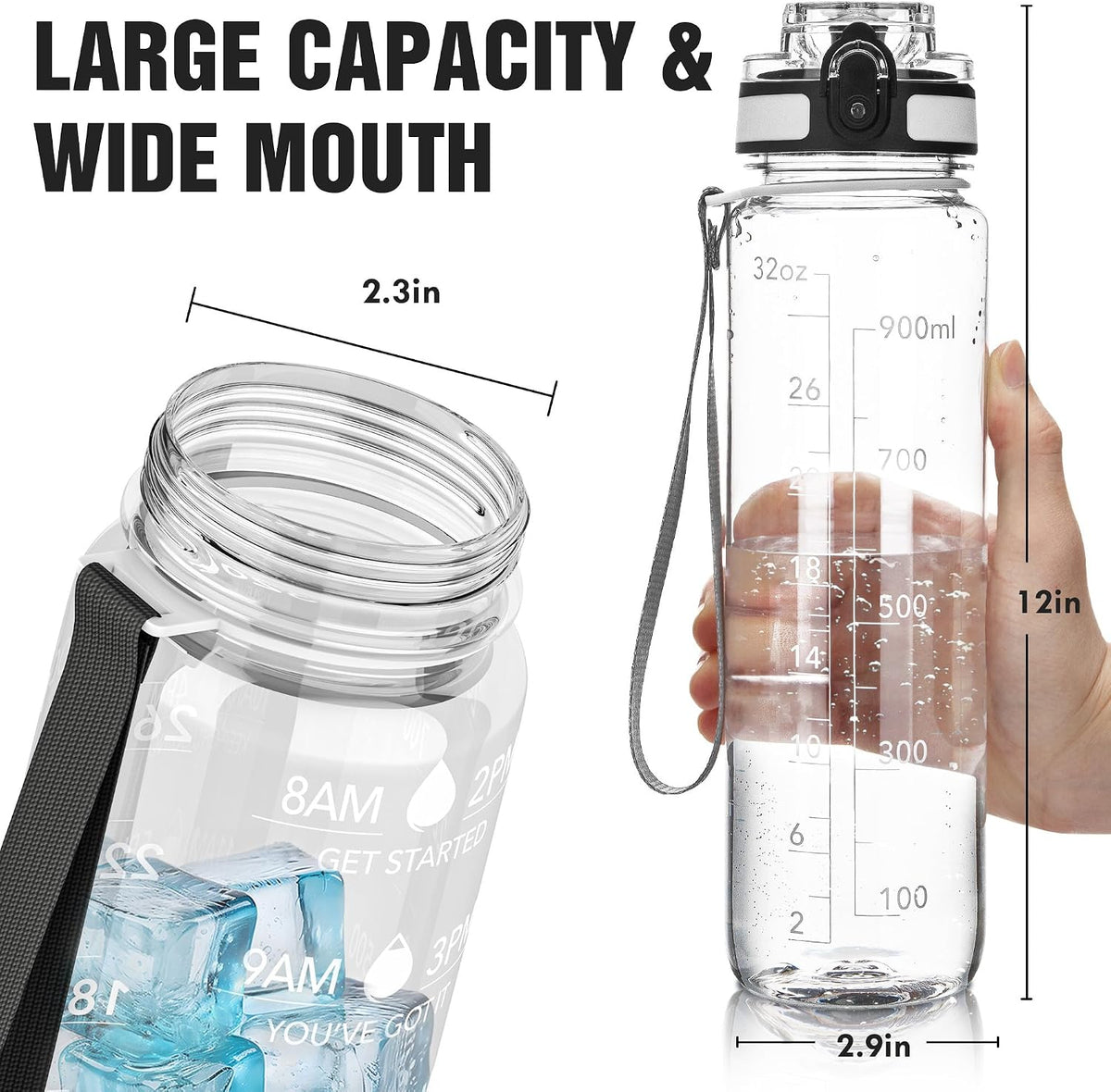 Water Bottle, 32oz Motivational Sports Water Bottle with Time Marker - Times to Drink - Tritan, BPA Free, Wide Mouth Leakproof, Clear (1 Bottle)
